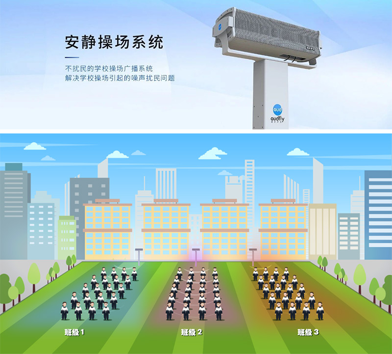 清聽聲學(xué)安靜操場(chǎng)系統(tǒng)，又叫操場(chǎng)定向廣播系統(tǒng)，定向發(fā)聲不擾民